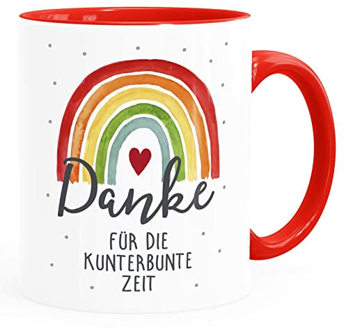 SpecialMe® Kaffee-Tasse Danke für die kunterbunte Zeit Regenbogen kleines Geschenk Abschied Erzieherin weiss-innen-rot standard