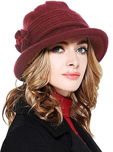 Yutdeng Invernale Cappello Lavorato a Maglia da Donna Fiori Elegante Visiera Berretto in Maglia Caldo Morbido Autunno Vintage Secchio Chiesa Cappello Cloche cap Sport All'aperto Vino Rosso