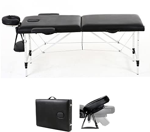 2-Zonen Massageliege — klappbar & höhenverstellbar — Mobile Alu Kosmetikliege mit Kopfschütze, Armlehnen & Tasche - 186 x 62 cm - Schwarz