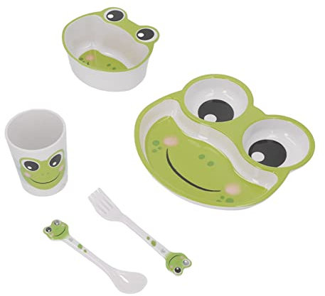 Bnineteenteam Toddler Dinnerware Set, Dishwasher Safe, Non-Slip Cartoon Frog Design, 5-Piece Baby Feeding Kit with Dinner Plate, Bowl, Mug, Fork, Spoon for Toddlers, Preschoolers, and Kids
