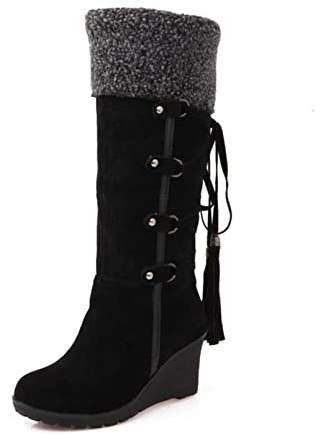 Susenstone Bottes à Talons Compensés Femmes Mi-mollet Casual Daim Large Mollet À Lacets Pompon Doublé De Fourrure Chaussures De Neige Bottes De Combat D'hiver Chaud Cowgirl Bottes Chaussures Western