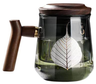 Mond Hirsch Teetasse Glas dreiteiliger Becher Seitengriff Trinkbecher mit Sieb und Deckel Kaffeetasse mit Sieb und Holzgriff (rauchgraue Blätter)