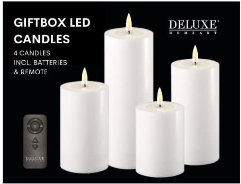 Deluxe Homeart Flammenlose LED-Geschenkbox für den Innenbereich, 4er-Set, mit Fernbedienung und Batterien, Real Flame™️ Technologie, batteriebetriebene Kerzen (weiß)