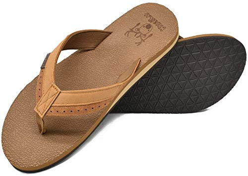 KuaiLu Flip Flops Herren Weich Leder Zehentrenner Männer Bade Sandalen Bequeme Breite Füße Badelatschen Yoga Gummi Fussbett Sommer Strand Zehensandalen rutschfest Indoor Outdoor Tiefes Khaki 43
