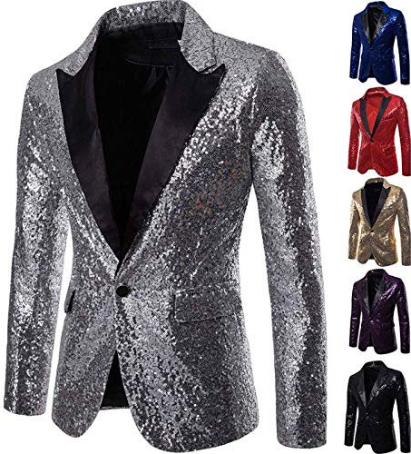 GZYshoyao Herren Pailletten Sakko Gold Glitzer Blazer Slim Fit Hochzeit Mantel Langarm Mantel Anzug Herrenjacke Performance-Kostüm für Hochzeit und Party Formelle Kleidung für Herren (Silber, M)