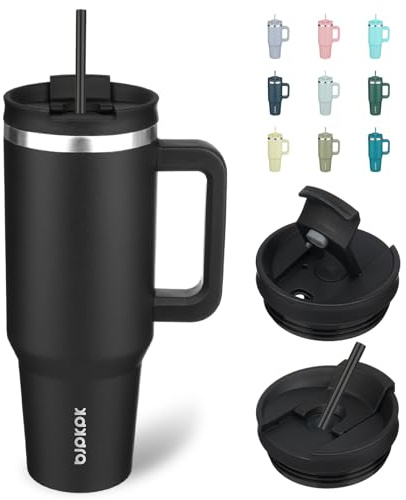 BJPKPK 1200 ml Isolierter Edelstahl-Becher mit Griff Deckel und Strohhalm | Schwarz, Doppelwandige Vakuumisolierung, Auslaufsicher, BPA-frei, Spülmaschinenfest, Ideal für Reise & Outdoor