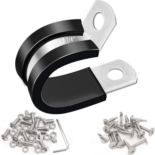 Taiss 50 Stück 1/4 Zoll Kabelschellen, 304 Edelstahl, Gummi, isolierte Rohrschellen, Schlaufenklemmen, Drahtklemmen, Metallklemme mit zwei Arten von Schrauben (6 mm) F-098-6 mm