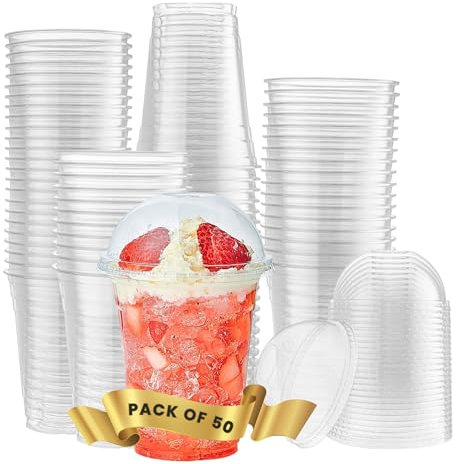 AmazCups Plastic Smoothie Cups with Dome lids – Pack of 50 (12 OZ) Strong Plastic Cups with Lids - Clear Large Disposable Cups for Milkshakes,Iced Coffee,Bubble Tea - 100% Recyclable Cups(12 Ounces)