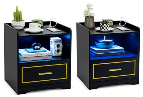 RELAX4LIFE Nachttisch mit LED-Beleuchtung, 3 Farblicht dimmbar, Nachtschrank mit Schublade & offener Ablage, Nachtkommode mit USB & Type-C Laden, Menschliche Sensorfunktion, 45x40x50 cm (2, Schwarz)
