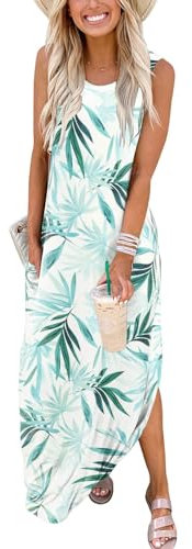Cuptacc Sommerkleid Damen Lang Strandkleid 2025 Damenkleider Sommer Maxikleid mit Taschen Bambusblatt,Mittel M 38-40