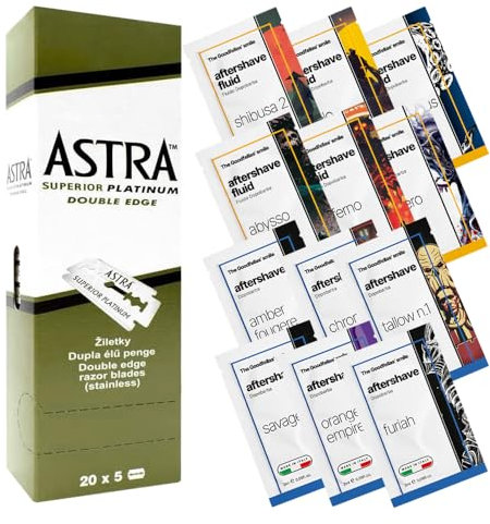 The Goodfellas' smile 100 Astra Rasierklingen Platinum mit 6 Proben Aftershave und 6 Proben Fluid Aftershave