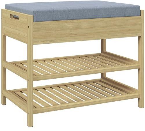 HOMCOM Schuhbank mit 2 Etagen, Sitzbank mit Schublade, Schuhregal, Garderobenbank für 4 Paar Schuhe, für Diele, Flur, Bambus, Natur, 55 x 35 x 46 cm