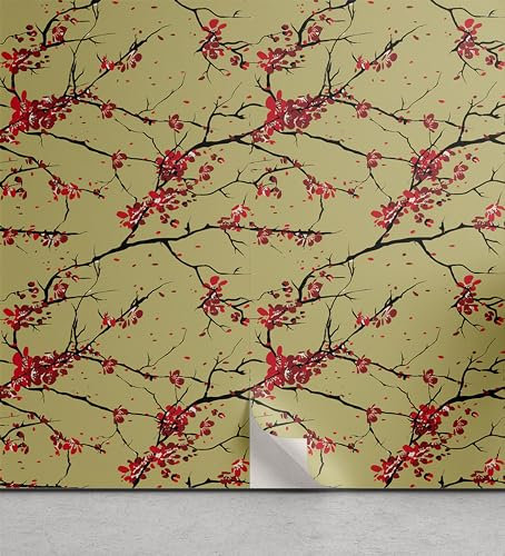 ABAKUHAUS Asiatischer Frühling abziehbare & klebbare Tapete für Zuhause, Japanische Blattzweige, selbstklebendes Wohnzimmer Küchenakzent, 33 cm x 250 cm, Pistaziengrün Zinnoberrot