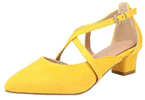 Damen-Pumps mit spitzem Zehenbereich, klobiger Absatz, mittelhoher Absatz, Knöchelriemen., gelb, 39 EU