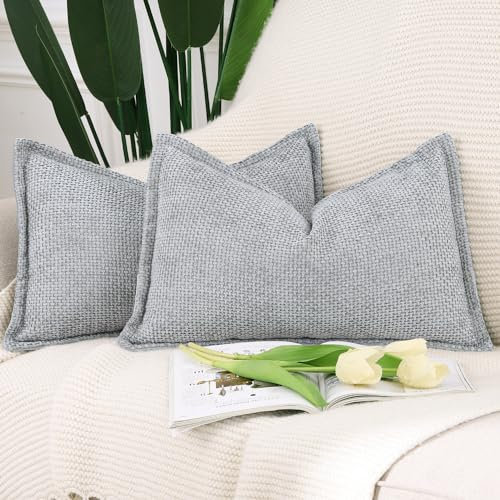 Madizz 2er Set Chenille Samt mit Rand Kissenbezüge Weiche Dekorativ Zierkissenbezüge Modern Kissenhülle für Sofa Wohnzimmer Schlafzimmer Grau 40x60 cm