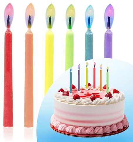 Decoraparty 6 Kerzen mit bunter Flamme, für Kindergeburtstage, Feiern, Dekoration aus Wachs, Kerzen mit Kunststoffhaltern für Kuchen, Cupcakes, Höhe 6 cm (Set mit 6 Stück)