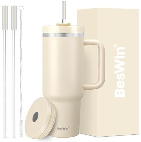 40 oz Tumbler with Handle and Straw, 2 Lids (2 in 1 & Leakproof Lid) - Vacuum Insulated Stainless Steel Double Wall Water Bottle Travel Coffee Mug - Holiday Gifts for Women Men - Cream