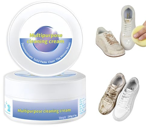 Wisebom White Shoe Cleaning Cream, Multifunctional 260g white Shoe cleaner with wiping Sponge for sports shoes and casual shoes, Uses organic ingredients to clean shoes and effectively remove stains