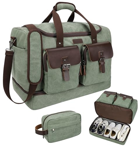 Reisetasche aus gewachstem Segeltuch und echtem Leder, mit Schuhfach, Vintage-Wochenend-Reisetasche, großes Fassungsvermögen, wasserdicht, Oliv/Blatt für mich (Leaf It to Me), Reisen