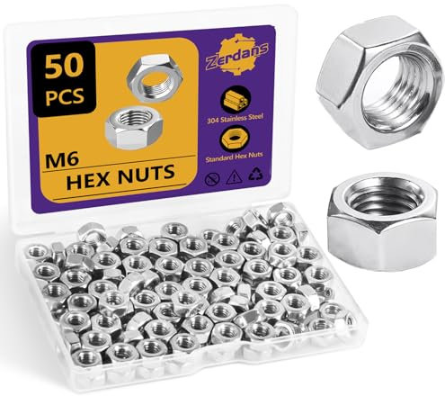 ZerDans- Sechskantmuttern Edelstahl M6 - (50 Stück) V2A DIN 934, hochwertige rostfreie Muttern für Schrauben & Unterlegscheiben & Gewindestangen