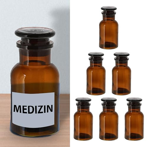 Cepewa Set di 6 bottiglie da farmacia, colore marrone, 125 ml, 5,5 x 11 cm, bottiglia con tappo in vetro, bottiglia medica (1 set da 6 bottiglie da farmacia, 125 ml)
