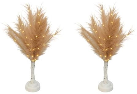 SHATCHI 2Pcs - 70cm Champagne Feather Tree Table Lamp Warm White LEDs Lighted Pampas Tree – Battery-Operated Decorative Night Light for Christmas, Home, Events, Holiday Decorations