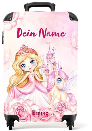 NoBoringSuitcases.com Kinderkoffer Mädchen, Reisetrolley Mit Rollen, Kinder Reisekoffer, Kindertrolley, Koffer Mädchen, Handgepäck Koffer, Handgepäck 55x40x20 cm (Prinzessin und Schloss - Rosa-Lila)
