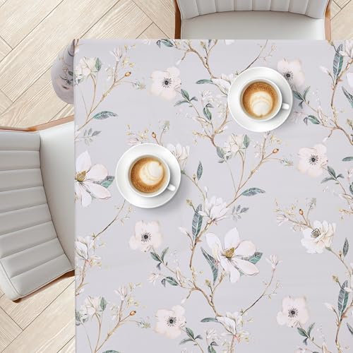 KP HOME Graue PVC Tischdecke Abwischbar Rechteckig 200x140 cm – wasserdichte Wachstuchtischdecke Mit Blumenmuster – Rechteckiges Wachstuch Aus Kunststoff Für Innen und Draußen – Blüten der Ruhe Motiv