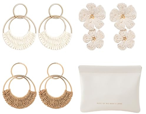 CRFASIBE 3 Pares Pendientes Boho de Rafia Mujer, Bolsa de Joyas Incluida | Pendientes de Ratán, Textura Natural, Ligeros Verano Pendientes Largos, ideal para Playa, Fiestas, Viajes, Bodas