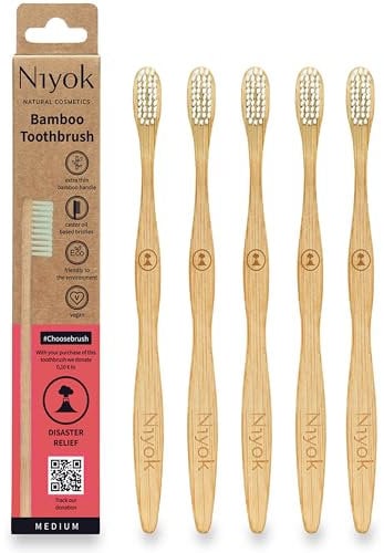 Niyok® Bambus Zahnbürste KATASTROPHENHILFE 5er • Zahnbürste aus Bambus • Mittelweiche Borsten • Natürliche Holzzahnbürste • Nachhaltige Zahnbürsten • Toothbrush • Plastikfrei & Vegan