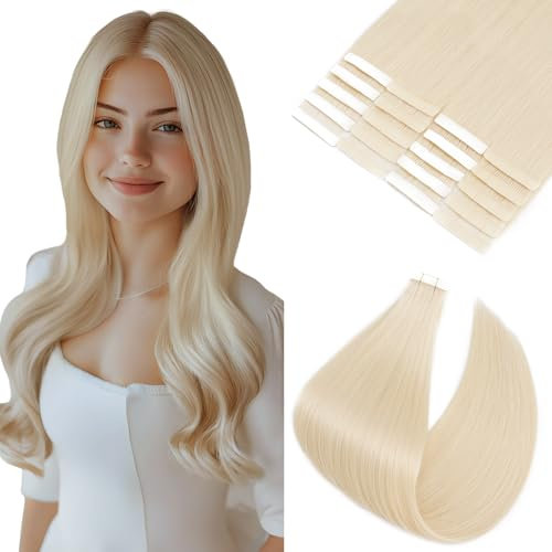 Silk-co Doppelt genähte Tape Extensions Echthaar 20stk, Tape in Extensions Echthaar 50g, Invisible Echthaar Extensions Tape, Haarverlängerung Echthaar #60 Platinblond 40cm