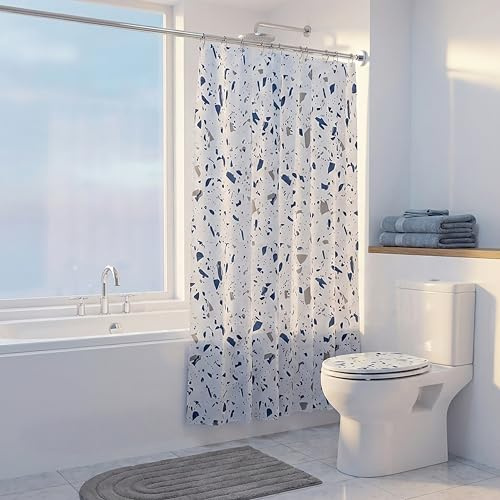 Croydex Blue Terrazzo Modern Fun Shower Curtain, 1800W x 1800H | Cling Resistant Weighted Hem | Machine Washable | Coated with Proseal for Water Repellence | 100% Polyester