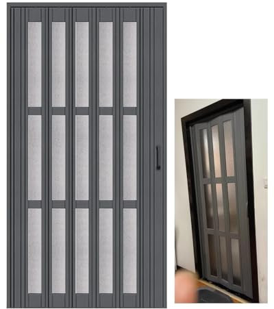 Ziehharmonika-Tür, graue Innenfalttür mit mattiertem Acrylfenster und Griff, PVC-Akkordeon-Schiebetüren, Küchen-Scheunen-Trenntür für Schrank-Wohnzimmer (76,2 x 99,1 cm (