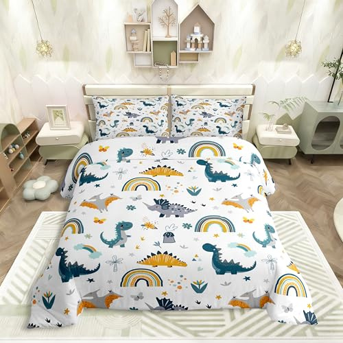 Homewish Dino Kinder Bettwäsche 135x200cm Kleinkinder Dinosaurier Bettwäsche für Teenager Jungen Mädchen,Buntes Cartoon Dino Regenbogen Blumen Schmetterling Sternemuster Bettbezug Set 1 Kissenbezug