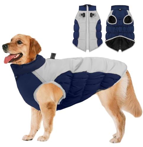 SRJEQC Hundemantel Grosse Hunde, XL - 5XL Wintermantel Hund Schnee Geeignet, Reflektierende, Wintermantel Hundemantel Gross Rollkragen, Marineblau, 4XL