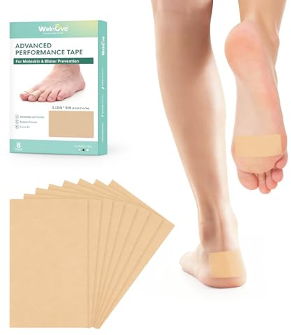 Welnove Blister Prevention Tape (3.12 * 5in) - 8 Pre-Cut Pads for Blister Protection - Blister Cushions for Athletes - Strong Adhesive - Blister Bandages for Feet, Toes, Fingers & Heel