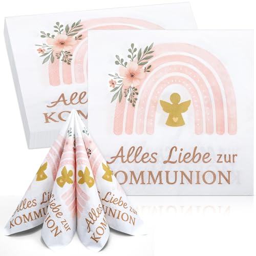 Nezyo 50 Stück Servietten zur Kommunion und Taufe 33 x 33 cm, Rosa | 2 Lagige Tischservietten, Für Erstkommunion Konfirmation, Rosa Regenbogen Schutzengel Muster, Festliche Papierservietten
