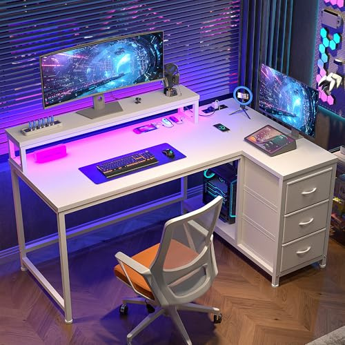 Cliporix L Shaped Gaming Desk with RGB Light& Power Outlets, 120x80cm White | Computer Desk,15cm Ergonomic Monitor Stand,CPU Stand,Reversible Corner,3 Drawers,Space-Saving for Study Office ,Easy Assembly