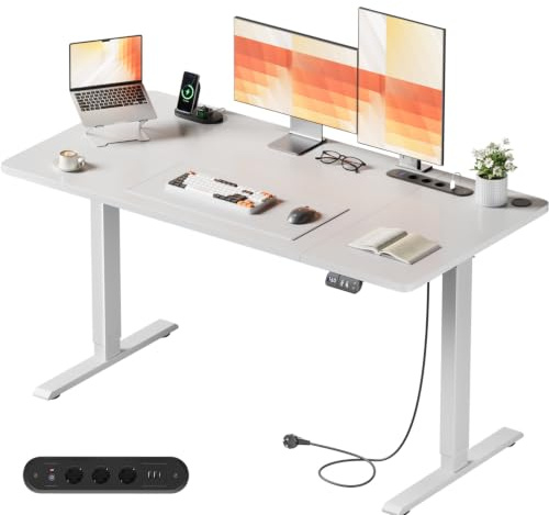 HLONONE Höhenverstellbarer Schreibtisch 120 × 60 cm mit USB-Ladeanschluss und Steckdose, Elektrischer Schreibtisch, Verstellbarer Computertisch mit 2-Funktions-Memory, Weiß
