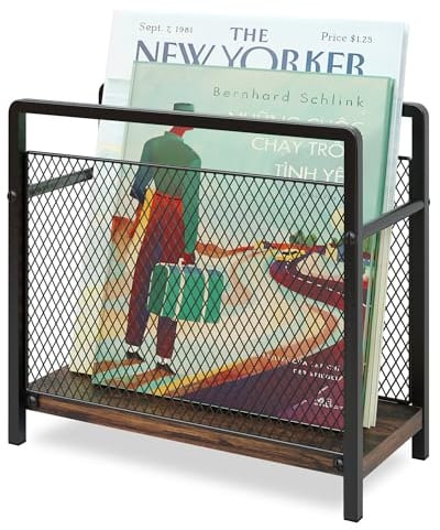 PAPAGIFTREE Freestanding Magazine Rack with Handle, Magazine File Holder Storage Metal Mesh with Wood Base, 29.5×11.5×26.9cm Mini Bookshelf for Newspapers, Books, Folders, Mails, Dark Brown