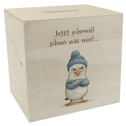 speecheese Spardose aus Holz böse schauende Möwe mit Mütze Jetzt schmeiß | Lustige Sparbüchse für junge Möwen-Fans