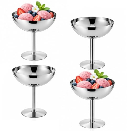 GreenWhim 4 Pcs Ice Cream Bowl 200ml Stainless Steel Dessert Bowl Dessert Cups Footed Sundae Cup Milkshake Cup for Dessert, Frozen Yogurt, Gelato,Ice Cream Birthday Party Decorations