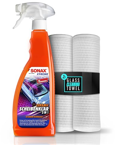 Auto Glasreiniger und Versiegelung Set | Sonax Xtreme Ceramic Scheibenklar 2in1 750ml + 2x Glasreinigungstücher | Effizienter Scheibenreiniger Außen mit Abperleffekt für Autoscheiben