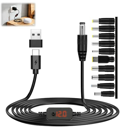 ZESTRO USB PD to DC Adapter Power Cable 5V 9V 12V 15V 20V 60W Type C to 5.5 X 2.1mm DC Plug Universal Adjustable Voltage PD Fast Charger Cord with 10 Conversion Heads for Router Laptop 1.2m