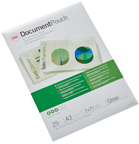 GBC Laminierfolien A3 75 mic, Robuste Laminiertaschen im 25er Pack, Glänzend, Transparent, Ideal für Büro & Schule, 3740486