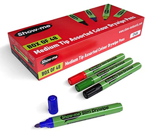 SHOW-ME Medium-Tip Drywipe Whiteboard Pens for Schools, Classroom Whiteboard and Writing Boards (Bulk Multi-Pack of Assorted Colour Pens, CP48A