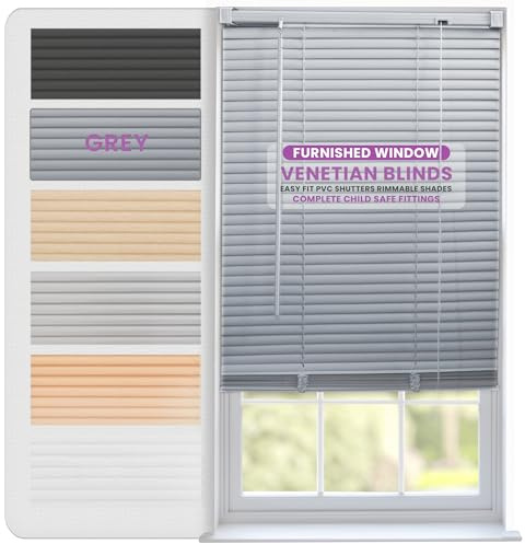 FURNISHED Veneziane Veneziane per finestre Tende in PVC Tende tagliabili persiane Lamelle da 25 mm Accessori completi per la sicurezza dei bambini - Grigio 150W x 150L cm