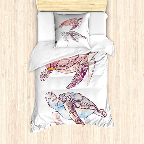 ABAKUHAUS Schildkröte Bettbezug Set für Einzelbetten, Aquarell Soft-Kunstwerk, Milbensicher Allergiker geeignet mit Kissenbezug, Rosa Fuchsia