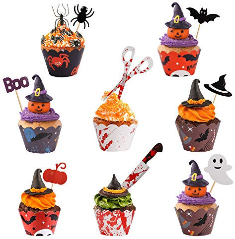 Cupcake Toppers Halloween Cupcake Wrappers Kuchendeckel Spider Pumpkin Ghost Hand Cake Decorations für Halloween Party 24 Set