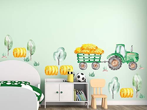 GRAZDesign Wandtattoo Kinderzimmer Junge Traktor grün mit Anhänger Bauernhof Bäume, Stroh Wandsticker Babyzimmer 100x57cm